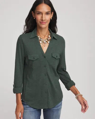 Chico's Collared Henley Shirt In Darkest Spruce In Green