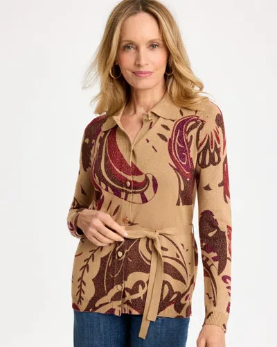 Chico's Collared Printed Belted Cardigan Sweater In Toffee Tan
