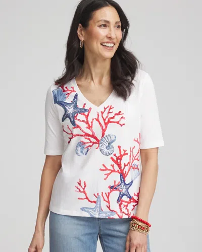 Chico's Coral Print V-neck Perfect Tee In White