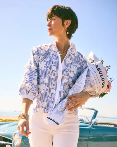 Chico's Cotton 3d Embroidered Striped Shirt In White