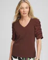 Chico's Cotton-blend Ruched-sleeve Top In Cacao In Brown