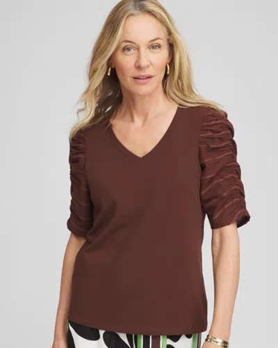 Chico's Cotton-blend Ruched-sleeve Top In Cacao In Brown