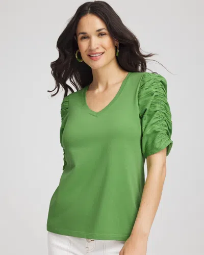 Chico's Cotton-blend Ruched-sleeve Top In Salted Lime In Green