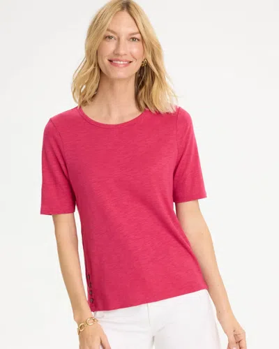Chico's Cotton Crewneck Button Tee In Raspberry In Pink