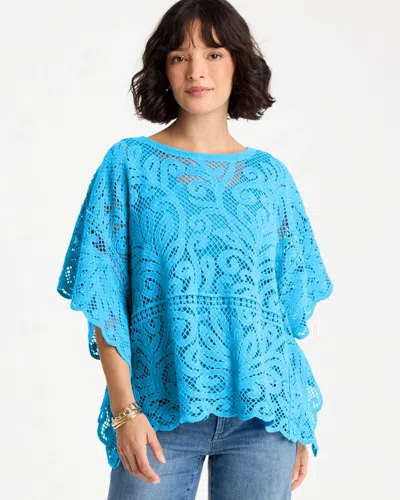 Chico's Cotton Crochet Lace Poncho In Blue Tide