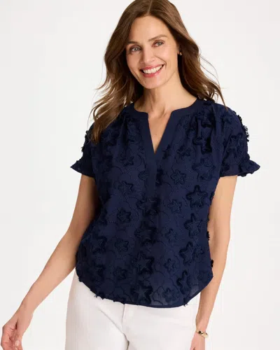 Chico's Cotton Embroidered Americana Star Blouse In Blue