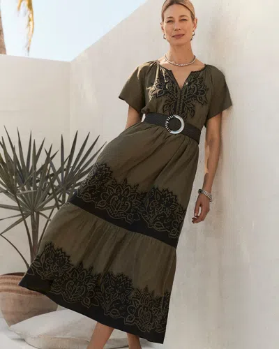 Chico's Cotton Embroidered Tier Dress In Green Size 6 |  In Olive Green