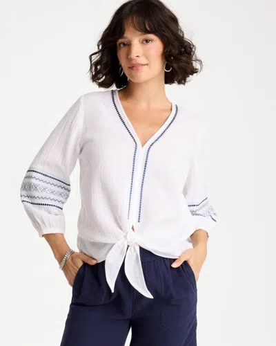 Chico's Cotton Gauze Embroidered Tie-front Blouse In White