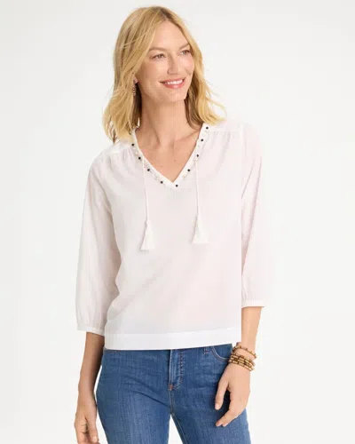 Chico's Cotton Hand Beaded Tie-front Top In White