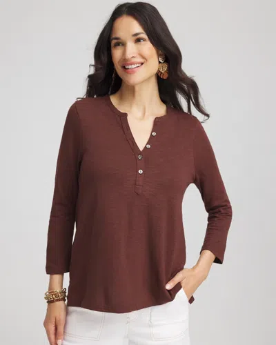 Chico's Cotton Henley Shirt In Cacao In Brown