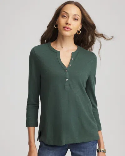 Chico's Cotton Henley Shirt In Darkest Spruce In Green
