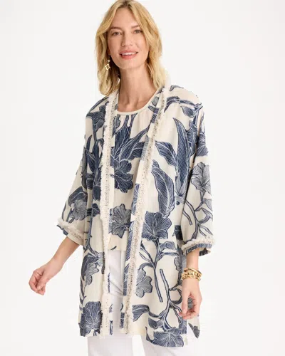 Chico's Cotton Jacquard Fringed Kimono In Blue
