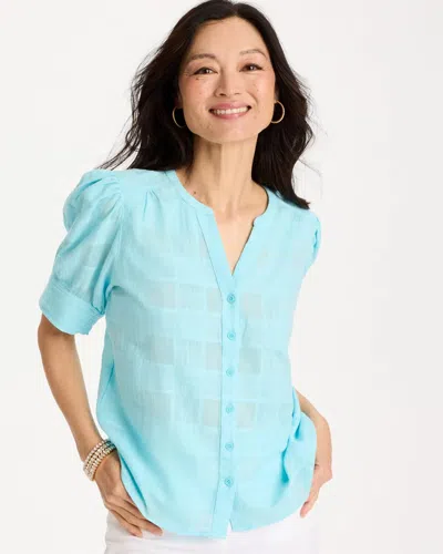 Chico's Cotton Plaid Elbow-sleeve Shirt In Bondi Blue