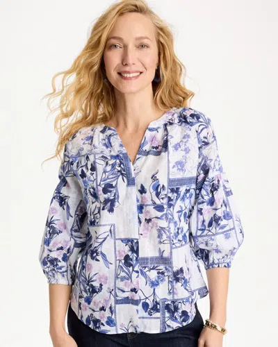 Chico's Cotton Printed Billow Sleeve Blouse In Amparo Blue