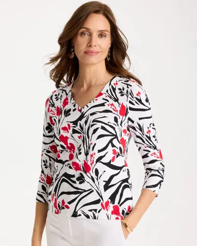 Chico's Cotton Stretch 3/4 Sleeve Floral Tee In Black