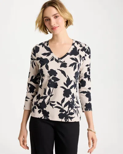 Chico's Cotton Stretch 3/4 Sleeve Floral Tee In Black