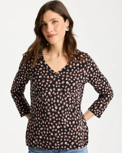 Chico's Cotton Stretch 3/4 Sleeve Polka Dot Tee In Black