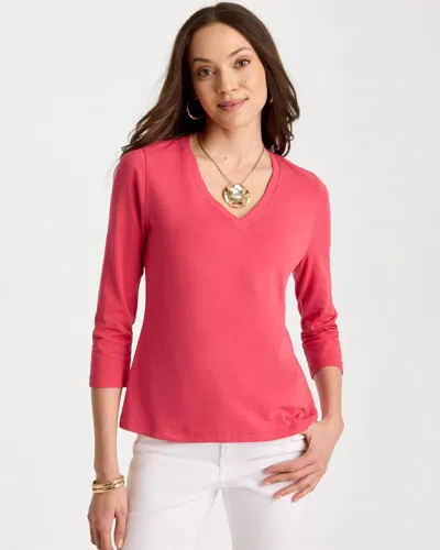 Chico's Cotton Stretch 3/4 Sleeve Tee In Hot Honeysuckle In Pink