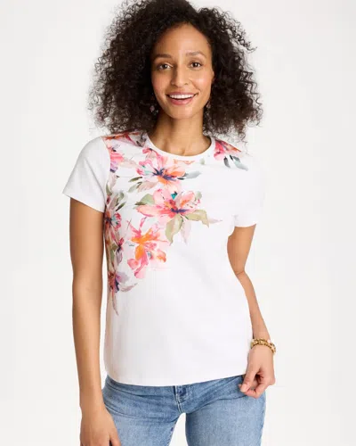Chico's Cotton Stretch Ethereal Floral Cap Sleeve Tee In Calypso Coral In Multi