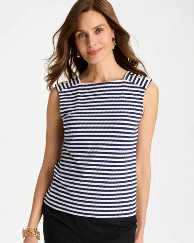 Chico's Cotton Striped Button Tee In Blue In Multi