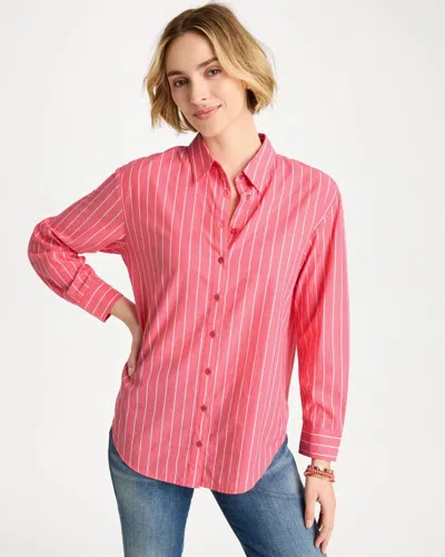 Chico's Cotton Voile Collared Striped Shirt In Calypso Coral In Orange