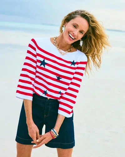 Chico's Cotton-blend Americana Striped Intarsia Sweater In Cherry Lush In Multi