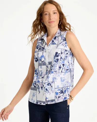 Chico's Cotton-blend Classic Printed Sleeveless Shirt In Amparo Blue