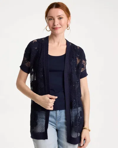 Chico's Cotton-blend Crochet Cocoon Cardigan Sweater In Blue
