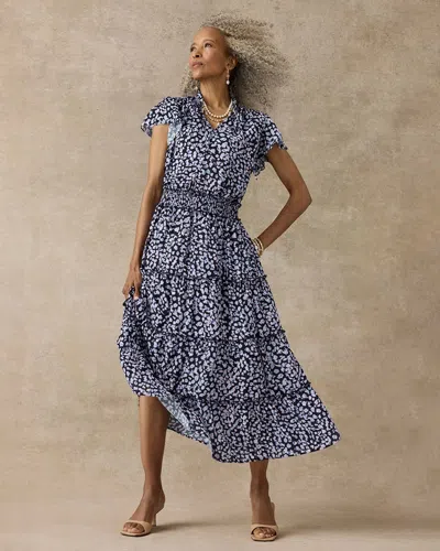 Chico's Crepe Smocked Flutter-sleeve Dress In Amparo Blue