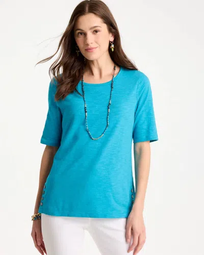 Chico's Crewneck Button Tee In Lagoon Blue