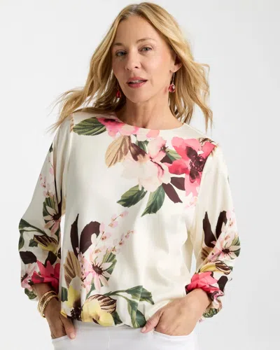 Chico's Crewneck Satin Bubble Hem Top In Hot Honeysuckle In White