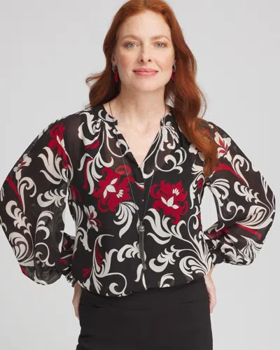 Chico's Crinkle Chiffon Floral Blouse In Black Size 4 |