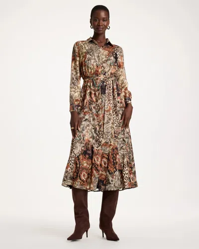 Chico's Crinkle Chiffon Godet Printed Shirtdress In Black