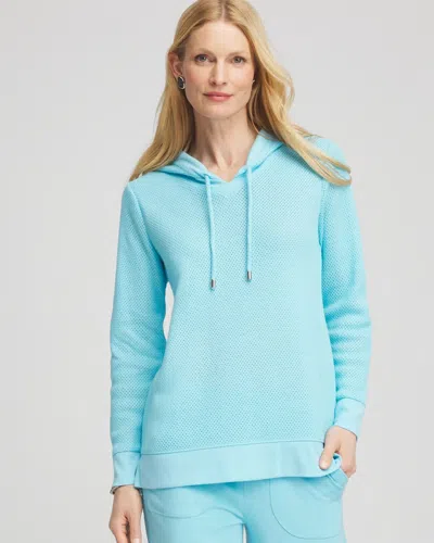 Chico's Crochet Knit Hooded Pullover Top In Blue