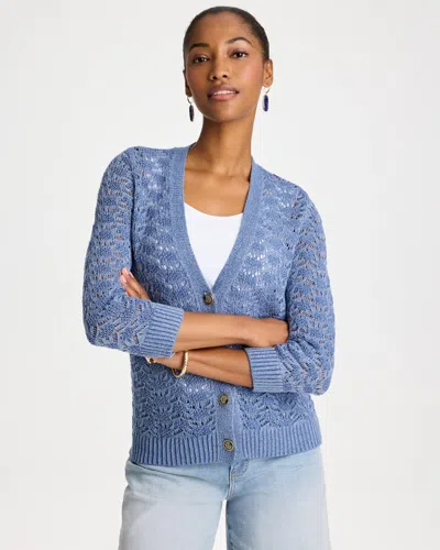 Chico's Crochet Knit Pointelle Cardigan Sweater In Denim In Blue