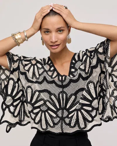 Chico's Crochet Lace Contrast Floral Kimono In Black/neutral