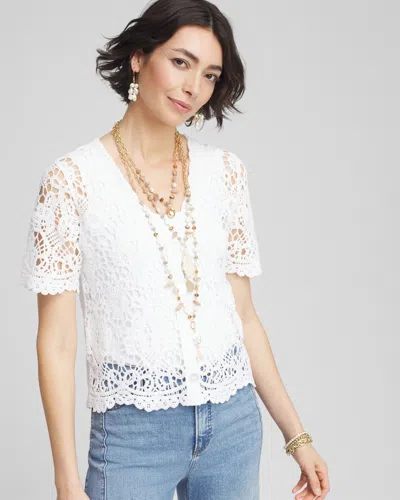 Chico's Crochet-style Short-sleeved Cardigan Sweater In White Size 12/14 |  In Alabaster