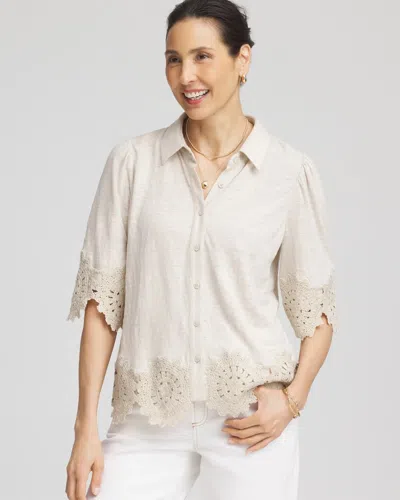 Chico's Crochet Trim Linen Shirt In Neutral In Gray