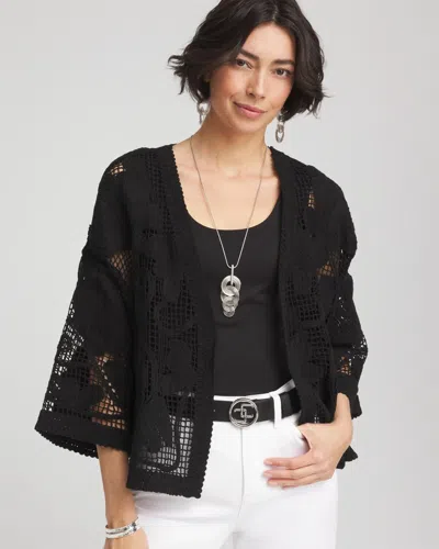 Chico's Cutwork Crochet-lace Short Kimono In Black