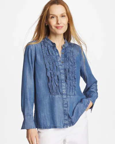 Chico's Denim Ruffle Front Shirt In Bailey Indigo In Blue