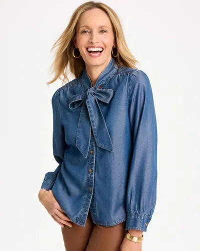 Chico's Denim Tie-neck Shirt In Maria Indigo