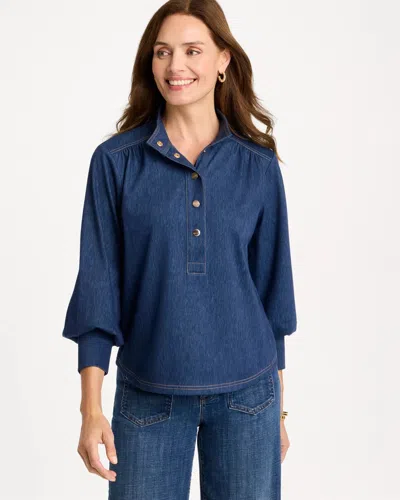 Chico's Denim Twill Snap Front Top In Blue In Passport Blue