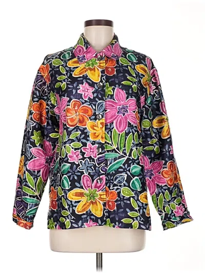 Pre-owned Chico's Design 3/4 Sleeve Silk Top Black Floral Pattern Mock Neckline Tops