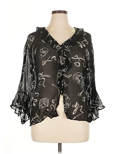 Pre-owned Chico's Design 3/4 Sleeve Silk Top Black Ruffles Neckline Tops