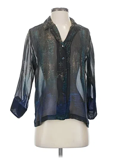 Pre-owned Chico's Design 3/4 Sleeve Silk Top Blue Metallic Pattern Collared Neckline Tops