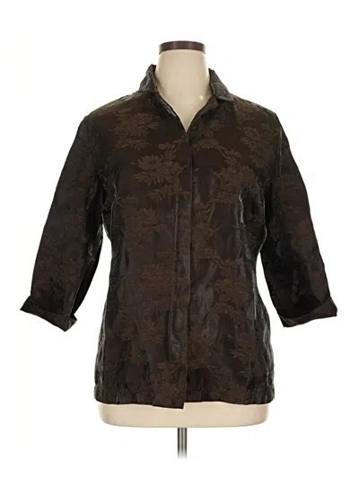 Pre-owned Chico's Design 3/4 Sleeve Silk Top Brown Camo Pattern Collared Neckline Tops