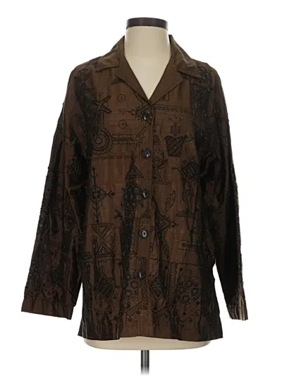 Pre-owned Chico's Design 3/4 Sleeve Silk Top Brown Collared Neckline Tops