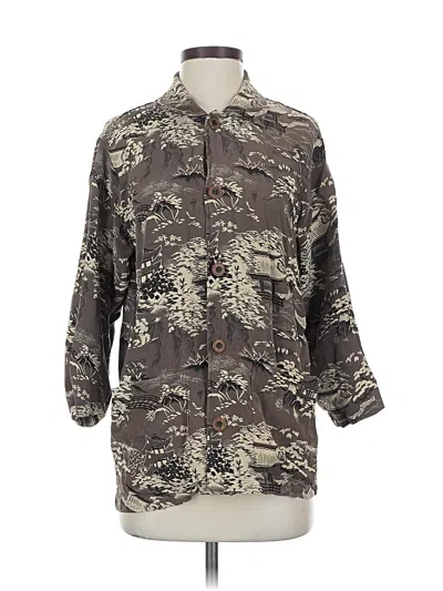 Pre-owned Chico's Design 3/4 Sleeve Silk Top Gray Camo Pattern Collared Neckline Tops