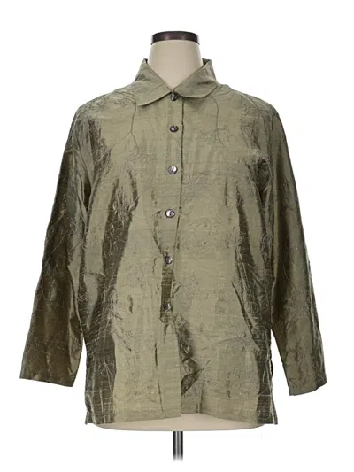 Pre-owned Chico's Design 3/4 Sleeve Silk Top Green Metallic Pattern Collared Neckline Tops