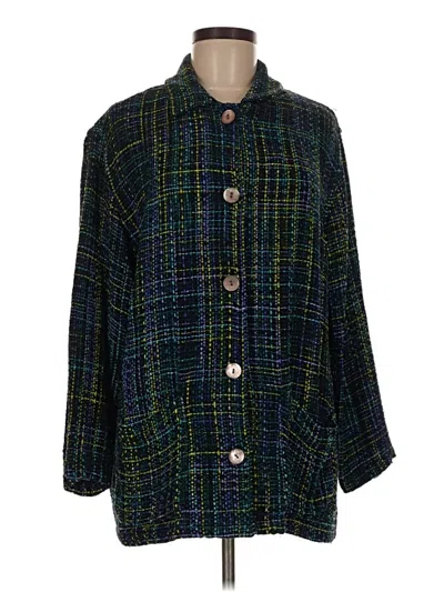 Pre-owned Chico's Design 3/4 Sleeve Silk Top Green Tweed Pattern Square Neckline Tops